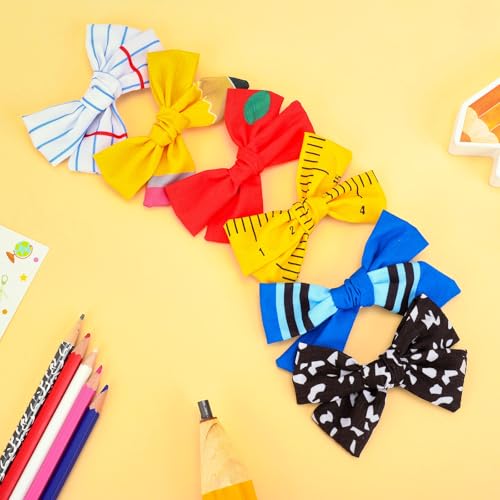 Image of Whaline 6 Pcs Back to School Hair Bow Clip Hair Barrettes Cute Pencil Crayon Ruler Composition Book Bowknot Hairpins for Girl's First Day of School Decor Student Supplies Gifts