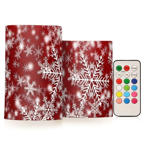 Image of Christmas Lights Decorations Flameless Candles Christmas Background with Snowflakes Red Pillar Candles Set of 2 Battery Operated Remote Control Warm Lights