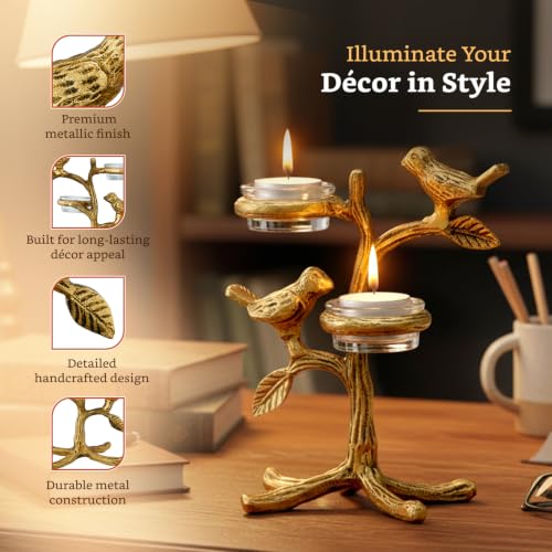Image of Amazon Brand - Solimo Metal Birds Tree Tea Light Candle Holder | Gold Finish | Decorative Centerpiece for Home, Living Room & Puja | Good Luck Gift with Glass for Votive Candle (Candles Not Included)