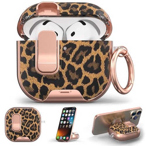 Image of for AirPods 4 Case 2025 with Safety Lock & Foldable Phone Stand, Leopard | Double Drop Protection,Two-Piece Design, Airpod 4 Case with Keychain & Cleaner Kit, Support Wireless Charging, Shockproof