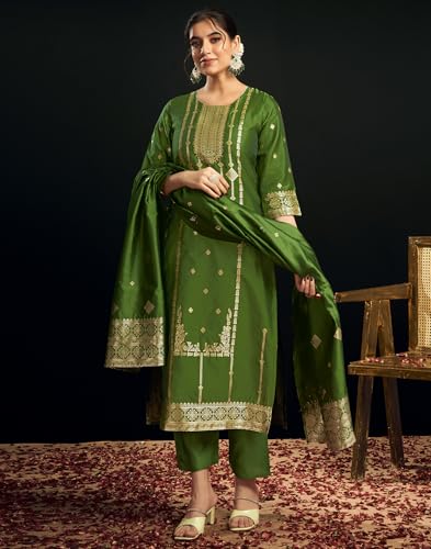 Image of SIRIL Women's Rayon Viscose Banarasi Jacquard Straight Kurta Pant with Dupatta Set