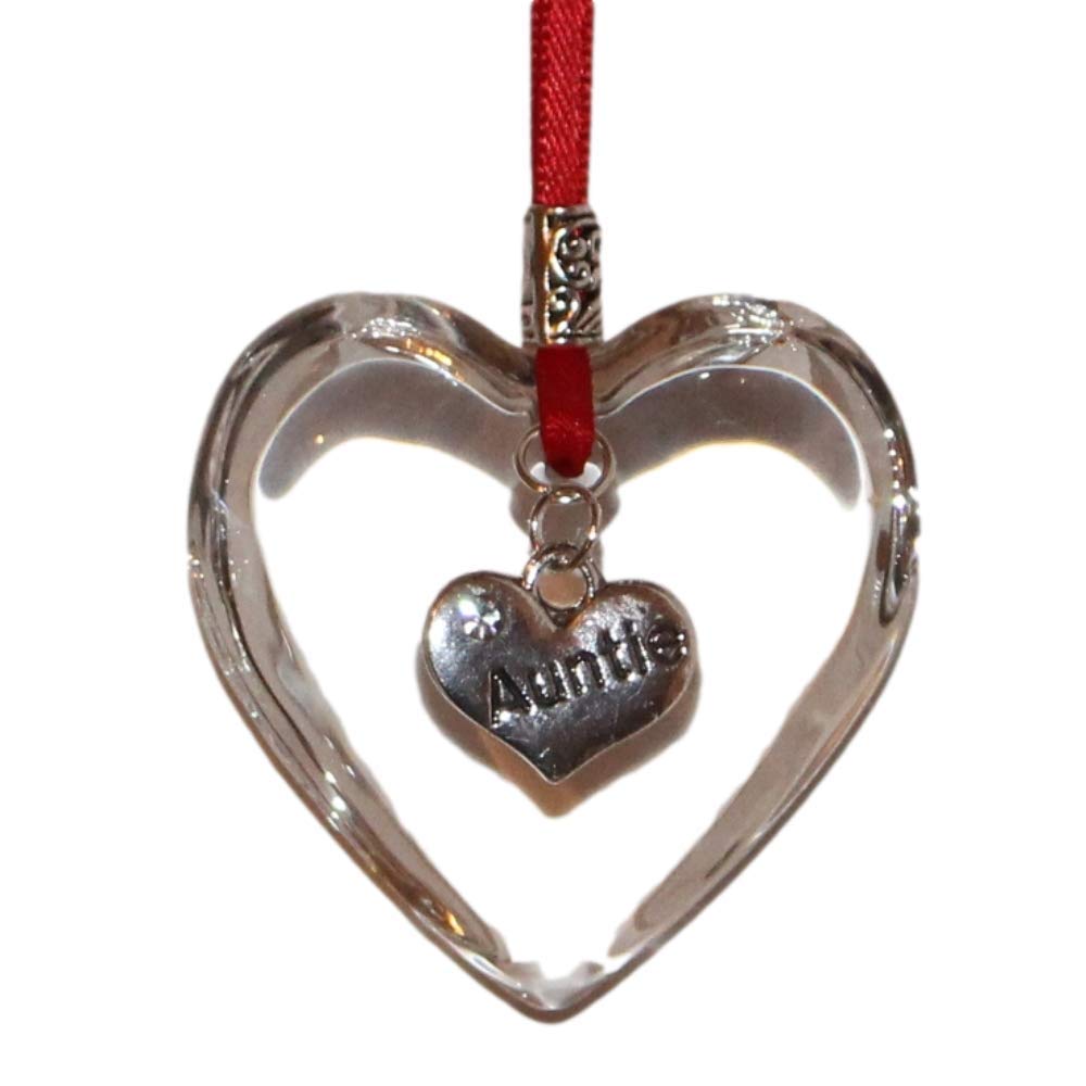 The Heart Shack Bright Red Ribbon Glass Hanging Heart Christmas Tree Decoration With Auntie Charm
