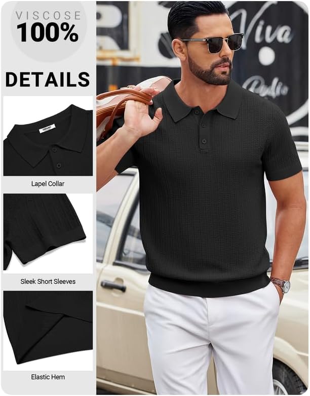 COOFANDY Mens Knit Polo Shirts Short Sleeve Slim Fit Textured Golf Polo Shirt Casual Summer Vacation T-Shirts - Image 5