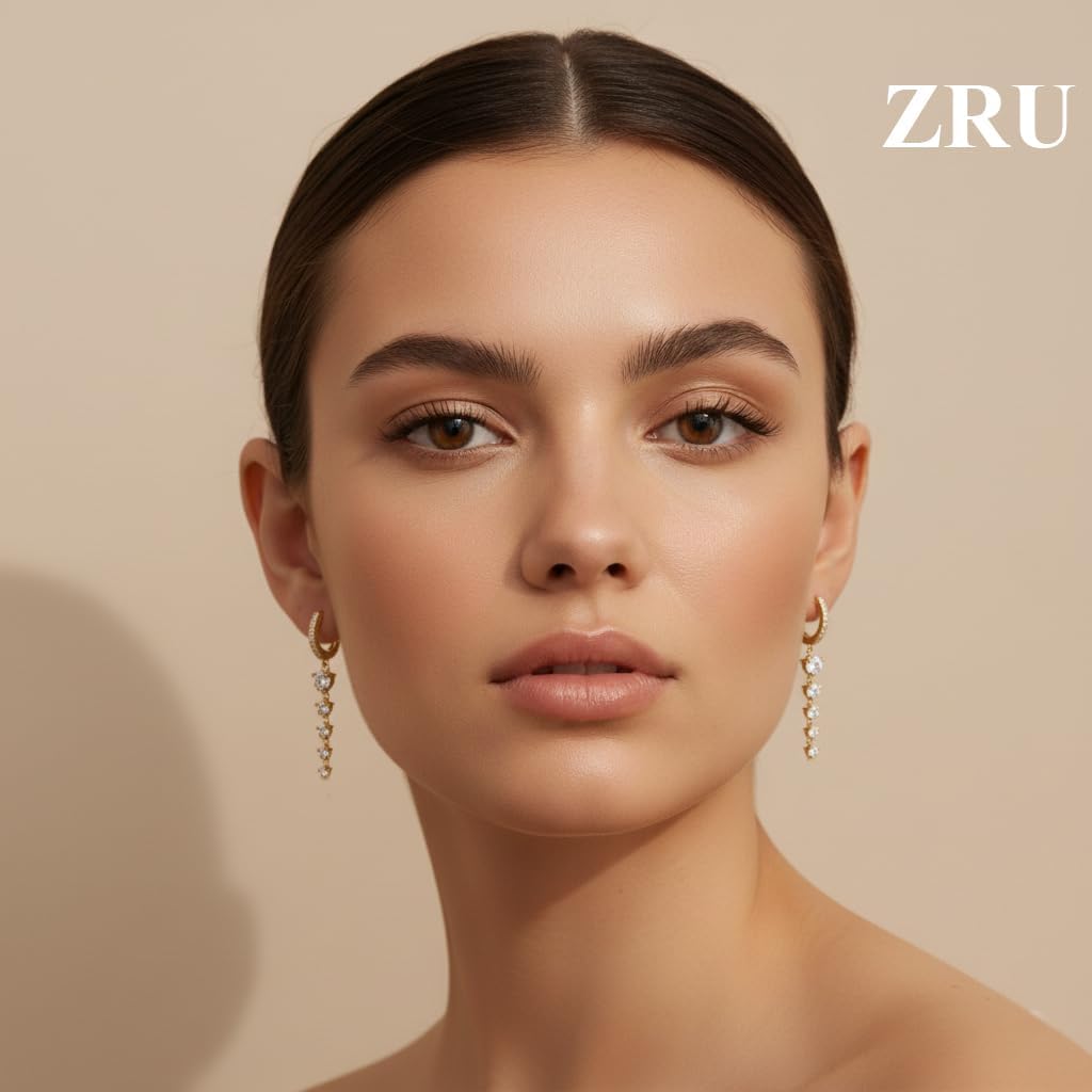 ZRU Gold Dangle Hoop Earrings for Women, Trendy 14K Gold Plated Huggie Hoops with Long Cubic Zirconia Drop, Hypoallergenic Long Drop Earrings Round CZ Hanging Jewelry Gifts for Her - Image 2