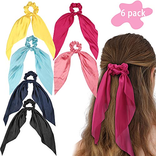 Wecoe 6 Pack Hair Scarf Scrunchies with Tails Ribbon Bow Scrunchies Bowknot Scrunchy Hair Bow Bobbles Elastics Hair Ties Ropes Ponytail Holder Hair Accessories for Women Girls
