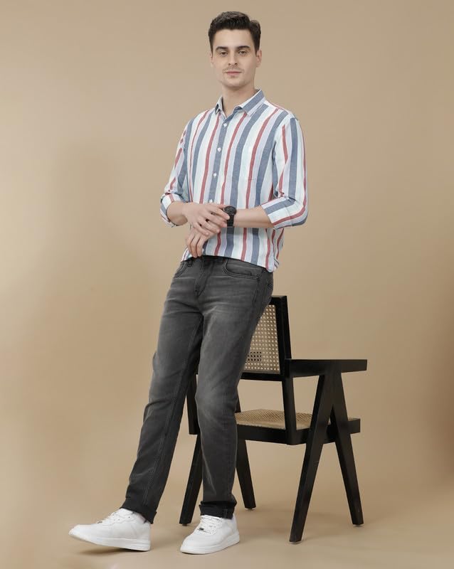 Image of Cavallo by Linen Club Men's Blended Linen Striped Contemporary Fit Full Sleeve Casual Shirt
