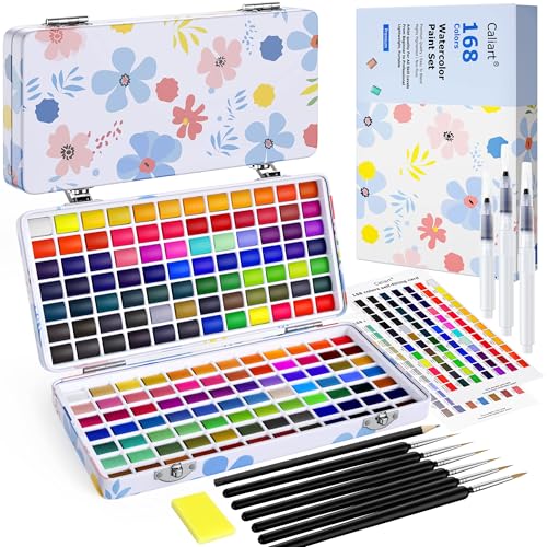 Caliart Watercolor Paint Set, 168 Colors Portable Water Color Palette Kit with Detail Paint Brush, Art Supplies Watercolor Painting Kit Drawing Gifts for Adults Beginners Professional Artists