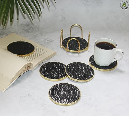 Monstera Hut® Tea/Chai Coaster/Dining Table Decor Accessories/Coster Set For Dining Table For Hot Pots/Durable & Long-Lasting Antique Brass Black MDF Coaster Set with Brass Rim- (Set of 6 with Holder)