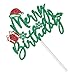 RLXPT Merry Birthday Cake Topper, Winter Christmas Holiday Themed Happy Birthday Cake Decorations, Glittery Xmas Themed Kids Adults Birth day Party Decorations Supplies Green Glitter