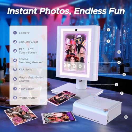Image of Portable Photo Booth Machine Touch Screen with Printer and HD Camera, Photobooth with Software APP and Remote Control Photography,LED Surround Light (10.3'')