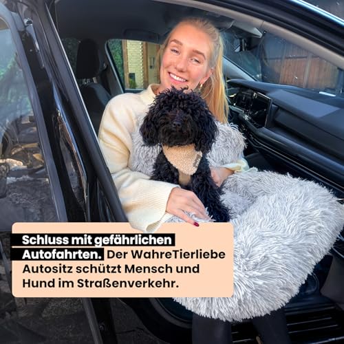 Wahre Tierliebe Hunde Autositz Fluffy inkl. Sicherheitsgurt - waschbarer Hundesitz Auto in schwarz/weiß für kleine, mittlere & große Hunde I Autositz Hund, Hundeautositz, Hund Auto, Hundebox