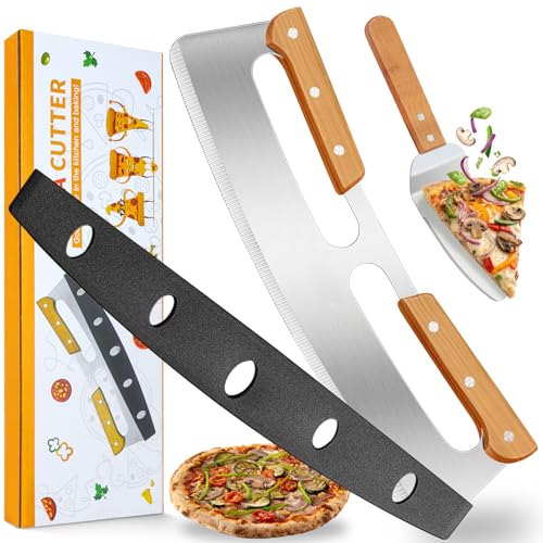Coupe Pizza, Couteau Pizza Grand en Acier Inoxydable avec Pelle à Pizza et Couvre-Lame, Couteau à Pizza Tranchant Professionnel qui Poignée en Bois, Lavable...