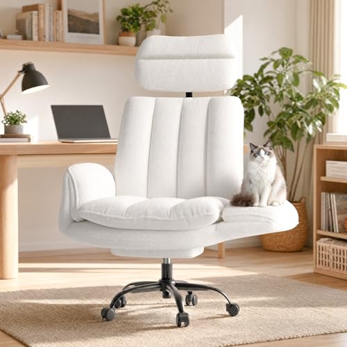 HOMRELEXA Big & Tall Bürostuhl ergonomischer Schreibtischstuhl mit verstellbaren Armlehnen und Fußstütze reclinierbar kuscheliger Teddyplüsch breite Sitzfläche Schwerer Gaming-Stuhl Weiß