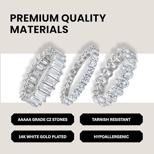 KISPER 14K White Gold Plated Eternity Band Rings for Women - AAAAA Cubic Zirconia Round Oval Emerald Cut Wedding Bands Stackable Size 5-9 6