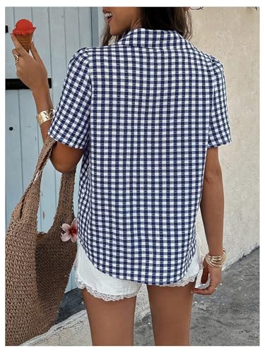 SweatyRocks Women's Short Sleeve Gingham Plaid Button Down Lapel Collar Blouse Summer Shirts2