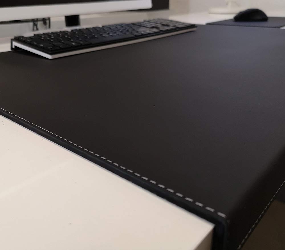 Gewinkelte Schreibtischunterlage mit Kantenschutz + Mousepad Echt Leder Schwarz mit grauer Naht 60 x 38cm Echt Nappaleder glatt