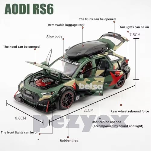 Image of Audi RS6 Militery Supercar 1:24 Diecast Scale Model Metal Pull Back Toy car for Kids with Openable Doors & Light, Music Toy Vehicle for Kids