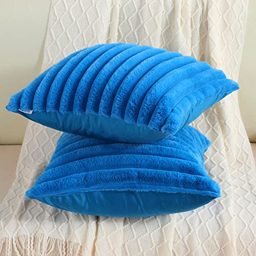 FUTEI Royal Blue Striped Decorative Throw Pillow Covers 24x24 Inch Set of 2,Square Fall Decorations Couch Euro Pillow Case,Soft Cozy Faux Rabbit Fur & Velvet Back,Modern Home Decor for Bed