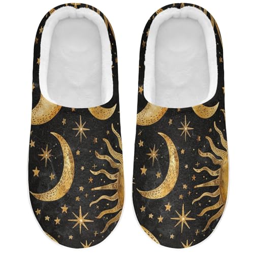 Golden Sun Moon Stars Boho on Black Mens House Cotton Slipper Wide Memory Foam Indoor Shoes for Indoor Funny Presents 6-7