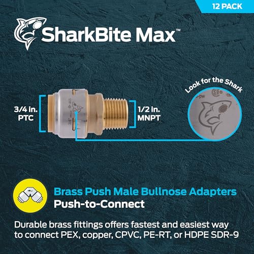 Image of SharkBite Max 3 /4 Inch x 1 /2 Inch MNPT Adapter, Pack of 12, Push-to-Connect Brass Plumbing Fitting, UR138