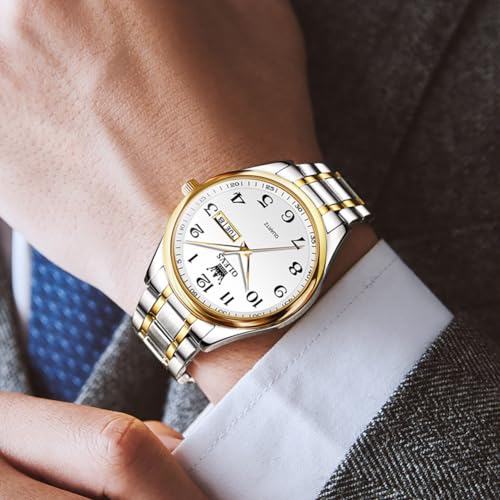 OLEVS Watches for Men Classic Silver Fashion Male Watch Two Tone Stainless Steel Business Dress Casual Wrist Watch Calendar Waterproof Blue White Black Date Dial - Image 5