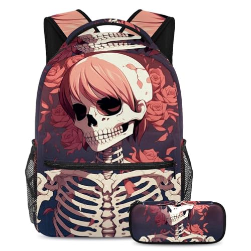 Sac à dos squelette à cheveux roses grand cartable scolaire avec trousse fille garçon ado