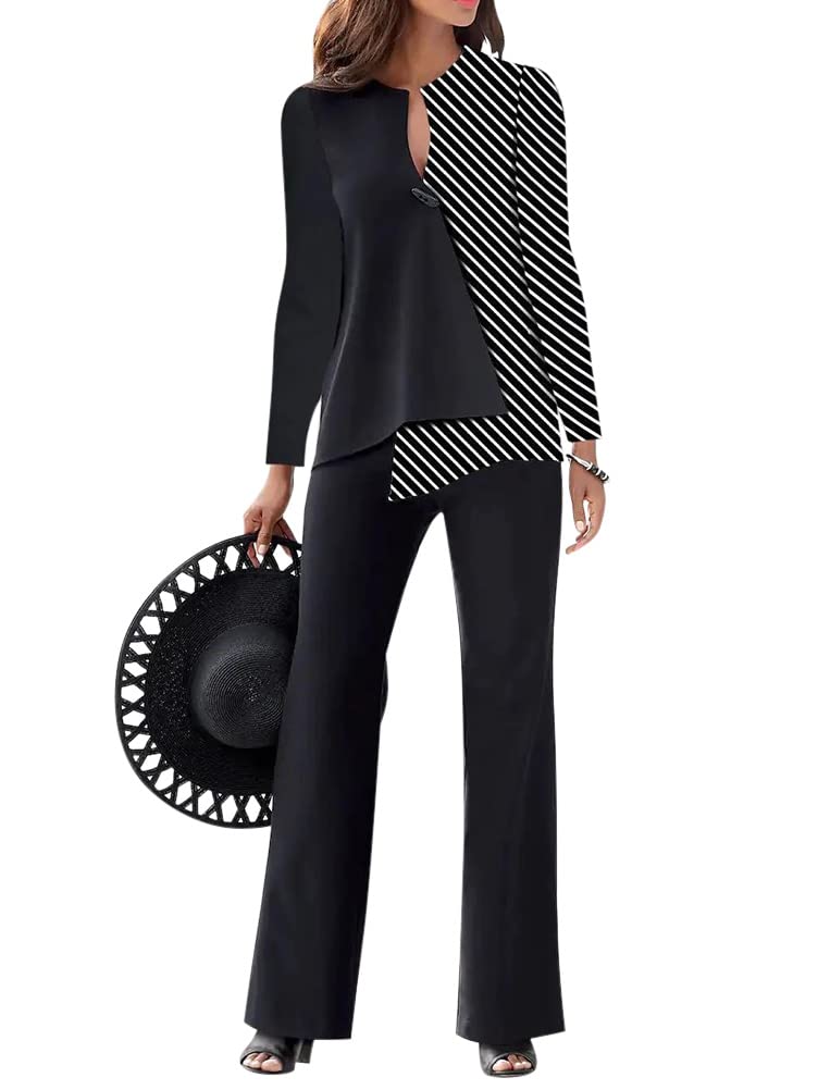 Onsoyours Donna Tailleur Pantalone Completo Patchwork Shirts A Maniche Lunghe+ Pantaloni con Bottone Ufficio da Abito in Due Pezzi Set per Business E Matrimoni