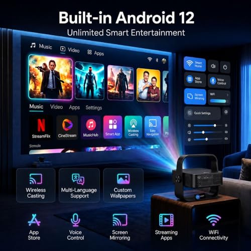 Image of Maizic Smarthome Lumora Native 1080P FHD Smart AI Projector | Fully Automatic Auto Focus & Keystone | 15000 Lumens | Android Projector with HDMI ARC & BT Voice Remote | Portable Home Theater (Black)