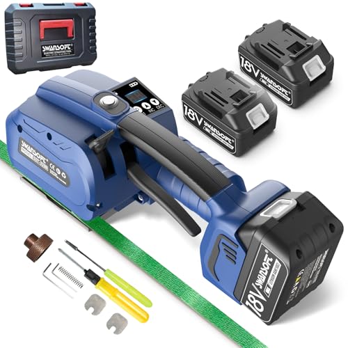 SWANSOFT Umreifungsgerät Akku für 13-16 mm PP-/PET-Band mit Digitaldisplay 2 x 4000 mAh Akku 3200N Elektrische Umreifungsmaschine Mit Kunststoffkasten Umreifungsgerät Elektrisch für Paletten