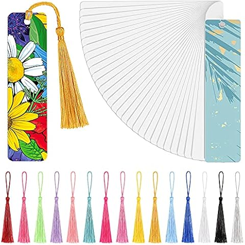 Sublimation Blank Bookmark Heat Transfer Metal Aluminum DIY Bookmark with Hole and Colorful Tassels for Crafts, Birthday Wedding, Tassels Blank Bookmarks, Single-Sided Printing (30 Pieces) Cover