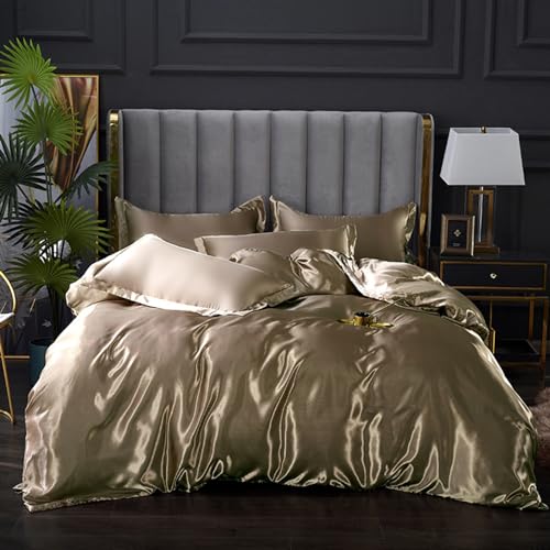 ENEN Duvet Cover Sets Single Double King, Satin Silk Bedding Set Pure Colour Quilt Cover with Fitted Sheet & Pillowcases - 4pcs Duvet Cover Set for Adults, Children (200x230+150cm,Champagne)