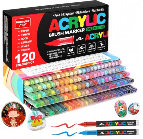 Image of Amamao - 120 Colors Acrylic Paint Markers with Soft Brush Tip for Wood, Stone, Canvas, Glass, Fabric, Egg, Painting on Stones and Crafts