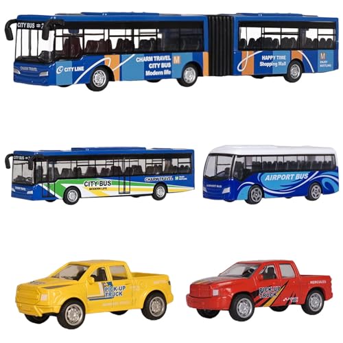 VBACALA Juego de 5 Autobuses de Juguete con Función Pull Back,Incluye Autobús Urbano, Aeropuerto, Articulado y 2 Camionetas,Juguetes para Niños +3 Años, Regalo Ideal para Navidad y Cumpleaños