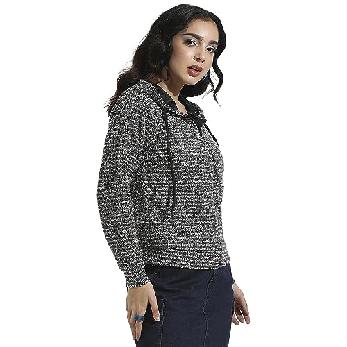 Image of PINACOLADA Women's Grey Zip-Front Horizontal Striped Hoodie for Casual Wear | Hooded Neck | Long Sleeve | Zipper Closure | Cotton Sweatshirt Crafted with Comfort Fit for Everyday Wear