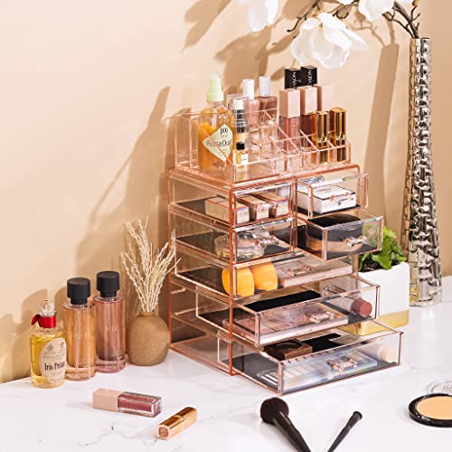 Image of Sorbus Acrylic Makeup Organizer Set, 7-Drawer Vanity & Countertop Cosmetic Storage with Small & Wide Compartments, Pink Makeup Storage for Brushes, Jewelry - Holiday Gift for Women & Teens