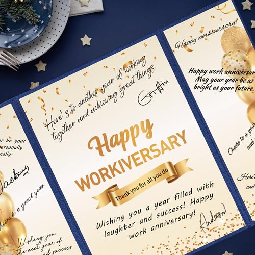 Image of DARUNAXY Blue Gold Happy Workiversary Party Decorations, Happy Work Anniversary Alternative Signature Guest Book for Men Women Employee Business Gifts Signing Card Board for Office Supplies