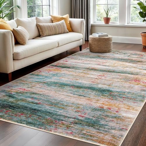 KOZYFLY Washable Area Rug 5x7 Modern Ombre Thin Rugs for Living Room Non-Slip Soft Striped Rug for Bedroom, Print Distressed Green Abstract Carpet for Laundry Kid Room