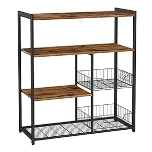 VASAGLE keukenplank, staande plank met 2 metalen manden, bakkersplank met haken en planken, magnetronplank, 80 x 35 x 95…