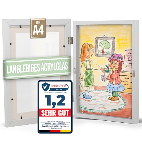 KIYARI Bilderrahmen Kinderzeichnungen A4 Weiß Aufklappbar & Frontöffnung für bis zu 150 Zeichnungen Robustes Holz & bruchsicheres Glas Ideal für Kunstprojekte Kinderzimmer & Schule
