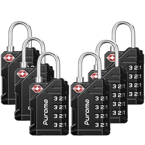 Puroma 6 Pack TSA Approved Luggage Locks Black 4 Digit Resettable Travel Combination Code Lock with Zinc Alloy Body for Suitcase Backpack Laptop Bag Gym Locker Toolbox