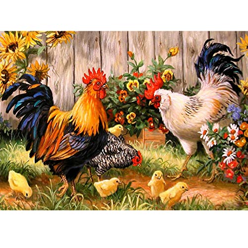 MXJSUA DIY 5d Diamant Peinture par numéro kit, Broderie Diamant kit Complet Full perceuse Coq Poule Poussins à Broder au Point de Croix Arts Craft sur Toile...