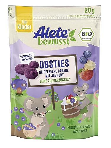 Alete bewusst Obsties Heidelbeere Banane mit Joghurt, ab 3 Jahren, gefriergetrocknete Bio-Fruchtchips, Früchte-Snack für Kinder, verzehrfertig im verschließbaren Beutel, 20 g