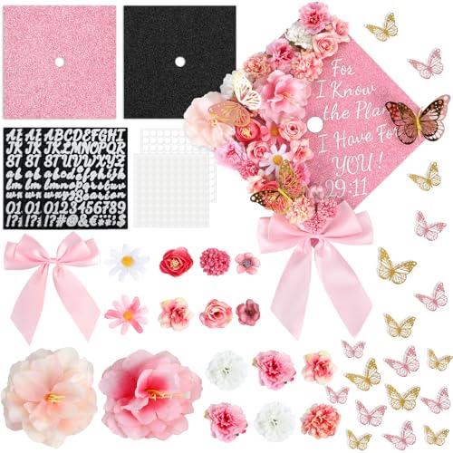Naozinebi 55 Pcs Pink DIY Graduation Cap Decorations Faux Assorted Flowers Pink Bows 3D Butterfly Stickers Glitter Alphabet Letter Number Decals for DIY Hat Grad Cap Topper Graduation Party Supplies