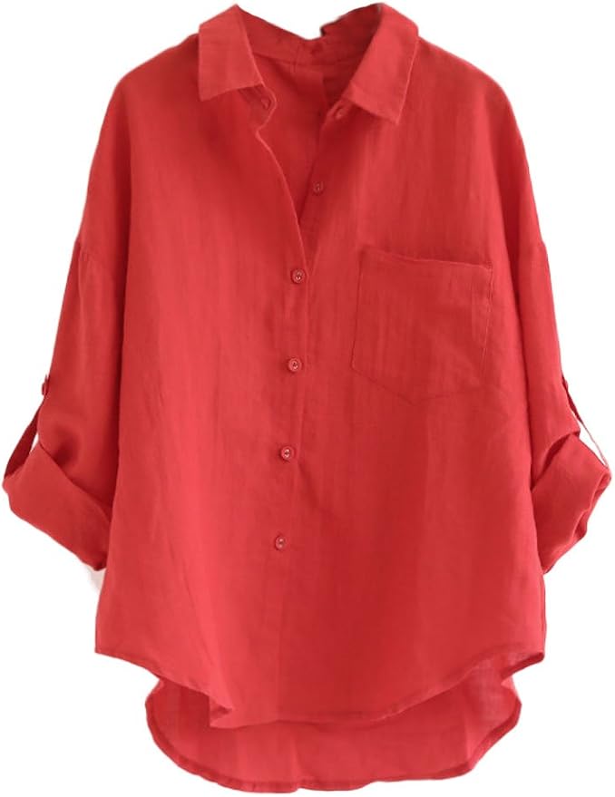 Minibee Women's Linen Blouse High Low Shirt Roll-Up Sleeve Tops Black 2XL :  Amazon.sg: Fashion