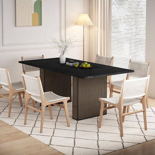 Image of QHITTY 78 Inch Fluted Dining Table Wood Kitchen for 6 to 10, Farmhouse Long Rectangle Table with Strip Base for Dining Room, Kitchen, Black