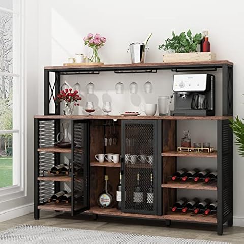 Gyfimoie Wine Bar Cabinet, 55 Inches Kitchen Sideboard Buffet Cabinet with Wine Rack Storage, Industry Coffee Bar Cabinet with Wine Rack and Glass Holder for Liquor and Glasses (Rustic) Cover