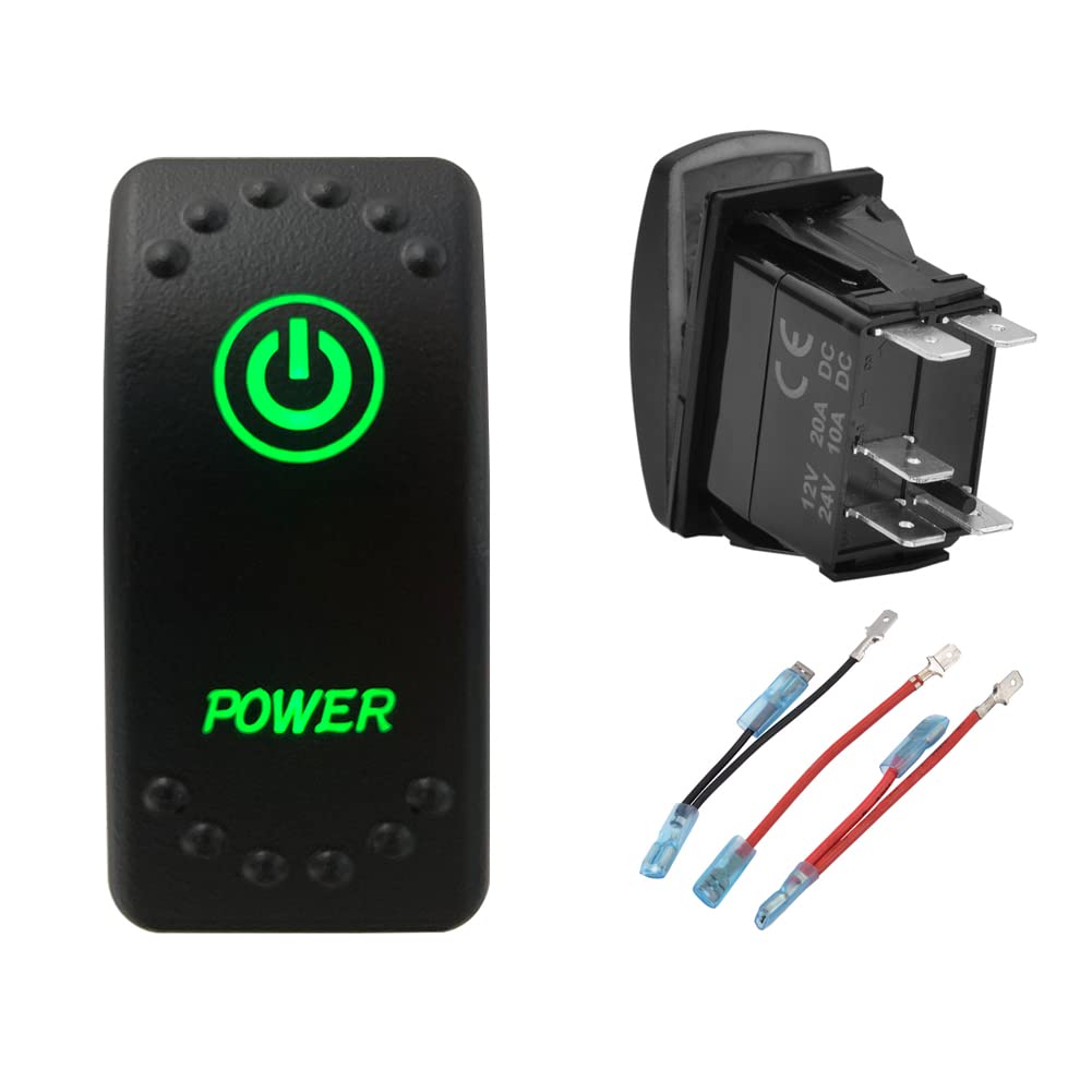 BACAUTOPARTS Green Backlit Rocker Switch 5 Pin ON-Off Laser Etched Button Switch with Wires for Car Marine Boat UTV 20A/12V 10A/24V (Power)