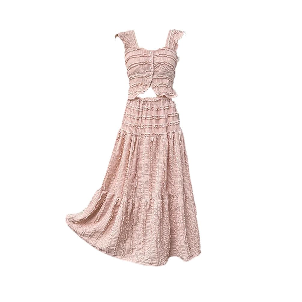 Women Single Breasted Mini Camisole Elastic Waist A Line Long Skirt 2Pcs Set Beach Style