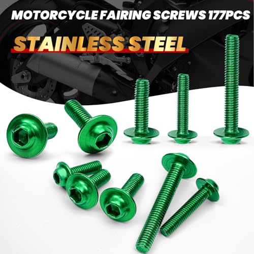 Image of Green Motorcycle Fairing Bolt Kit 177Pcs, M5 M6 Stainless Steel | Storage Box, Chrome Finished, Windscreen Screws Fastener Clips Universal Fit for Suzuki Kawasaki Honda Yamaha BMW Ducati GSXR