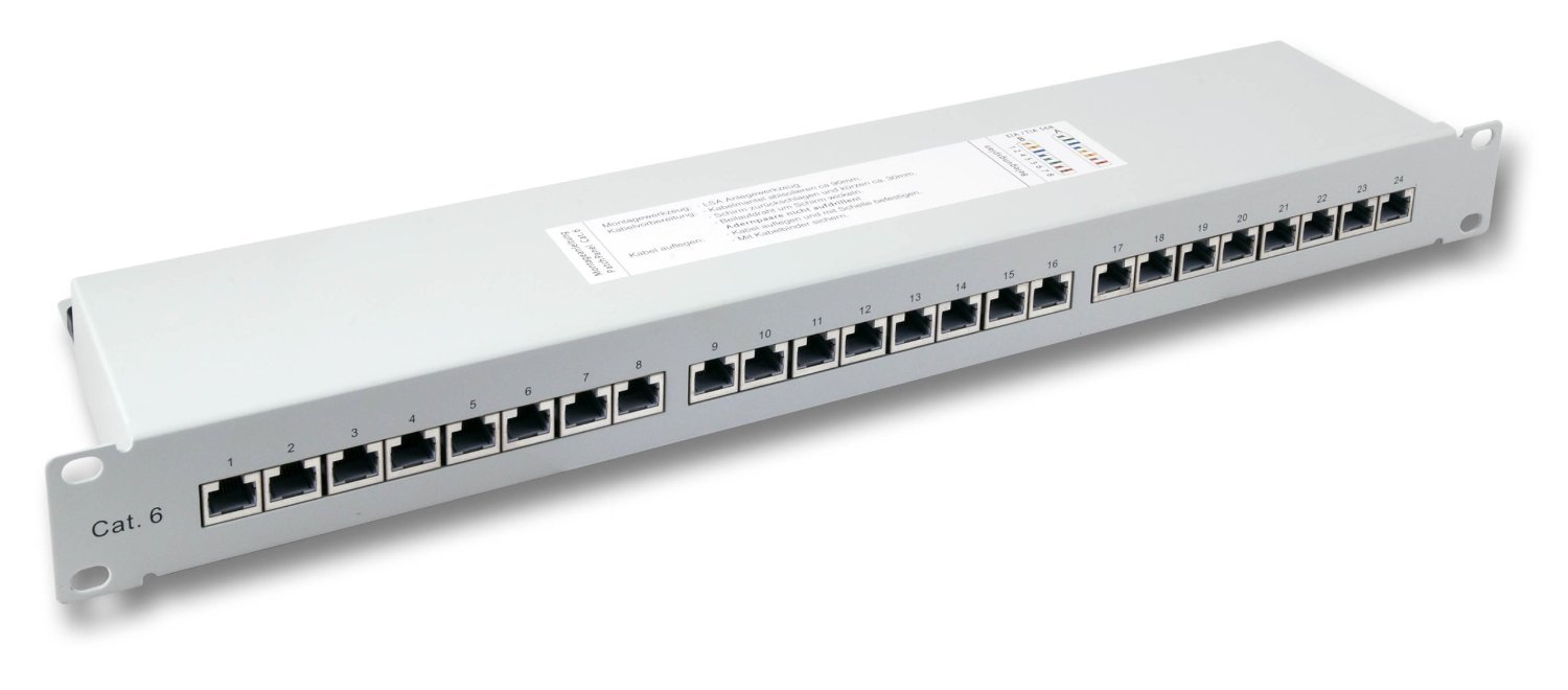 BIGtec 24 Port CAT6a Patchpanel Verteilerfeld Verteiler Patchfeld 500Mhz 10 Gigabit LSA Technik RJ45 8P8C RAL7035 grau 19 Zoll 19"
